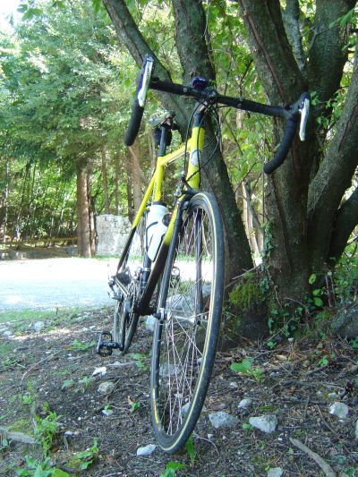 Breve pausa presso una lama, con tanto di panchetta di fronte al laghetto (la panchetta non si vede perche' ci sto seduto io sopra mentre faccio la foto!). Dettaglio sulla bici da strada della nostra "guida spirituale".