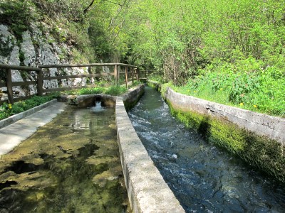 Siamo ormai nei pressi delle sorgenti del Meschio. Le acque vengono subito incanalate. Qui in foto il neonato Meschio mentre compi i primi passi, passando subito vicino a quel che sembra un lavatorio o abbeveratoio.