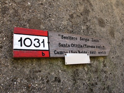 Il segnavia CAI 1031, Sentiero Zanin, posto su un fianco del Capitello di Santa Ottilia.