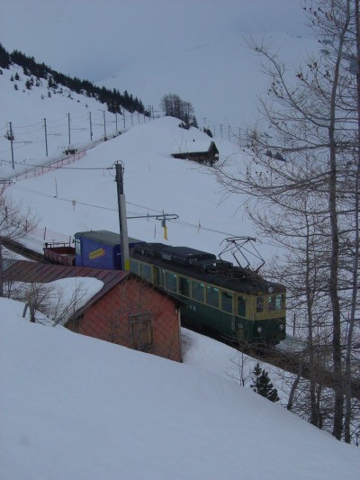 Uno dei tanti trenini a cremagliera mentre passa davanti all'Hotel Jungfrau (Wengernalp). Troppo tipico!